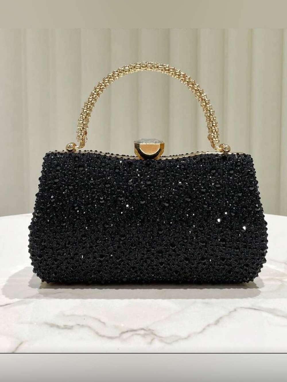 Elegant Black Crystal Evening Top-Handle Bag
